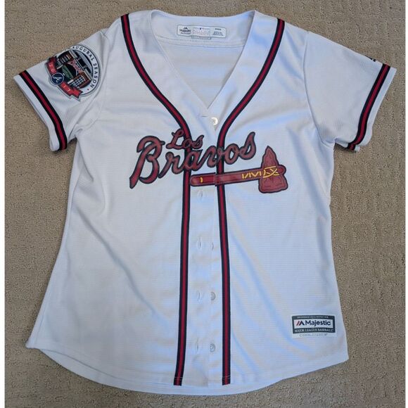 Majestic Los Bravos Jersey Women Medium Atlanta Braves Cool Base Rare - Picture 1 of 16